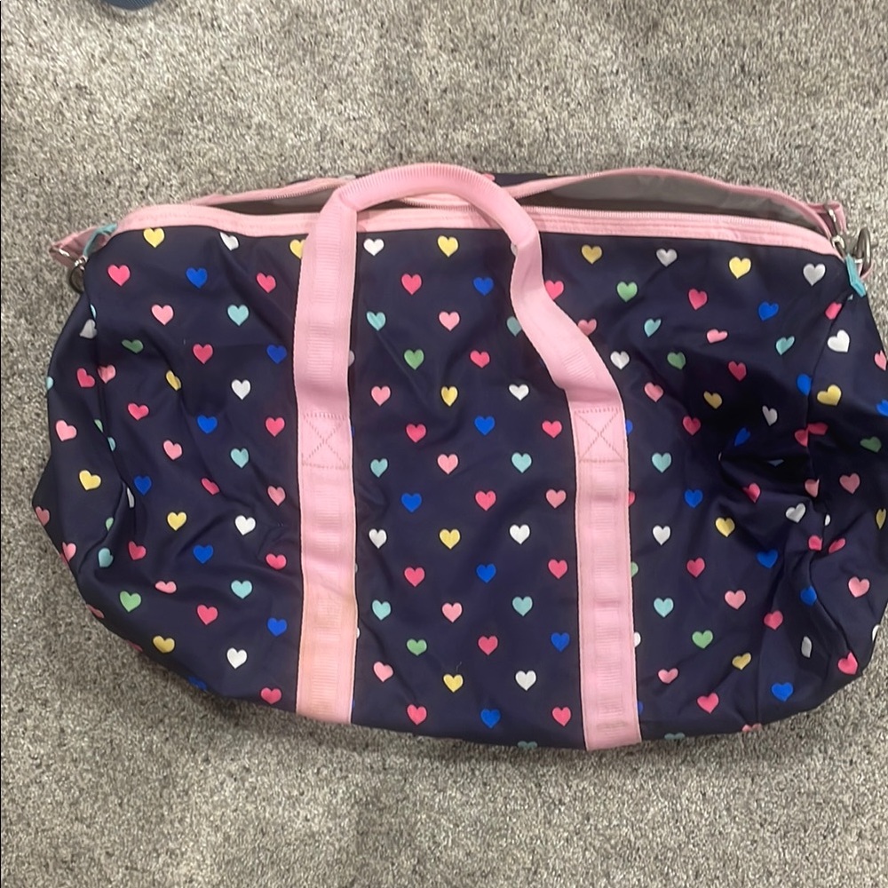 Pottery Barn Kids, navy blue & colorful hearts, duffel bag